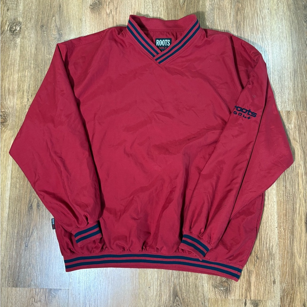 Roots Red Pullover with Navy Stripe Trim